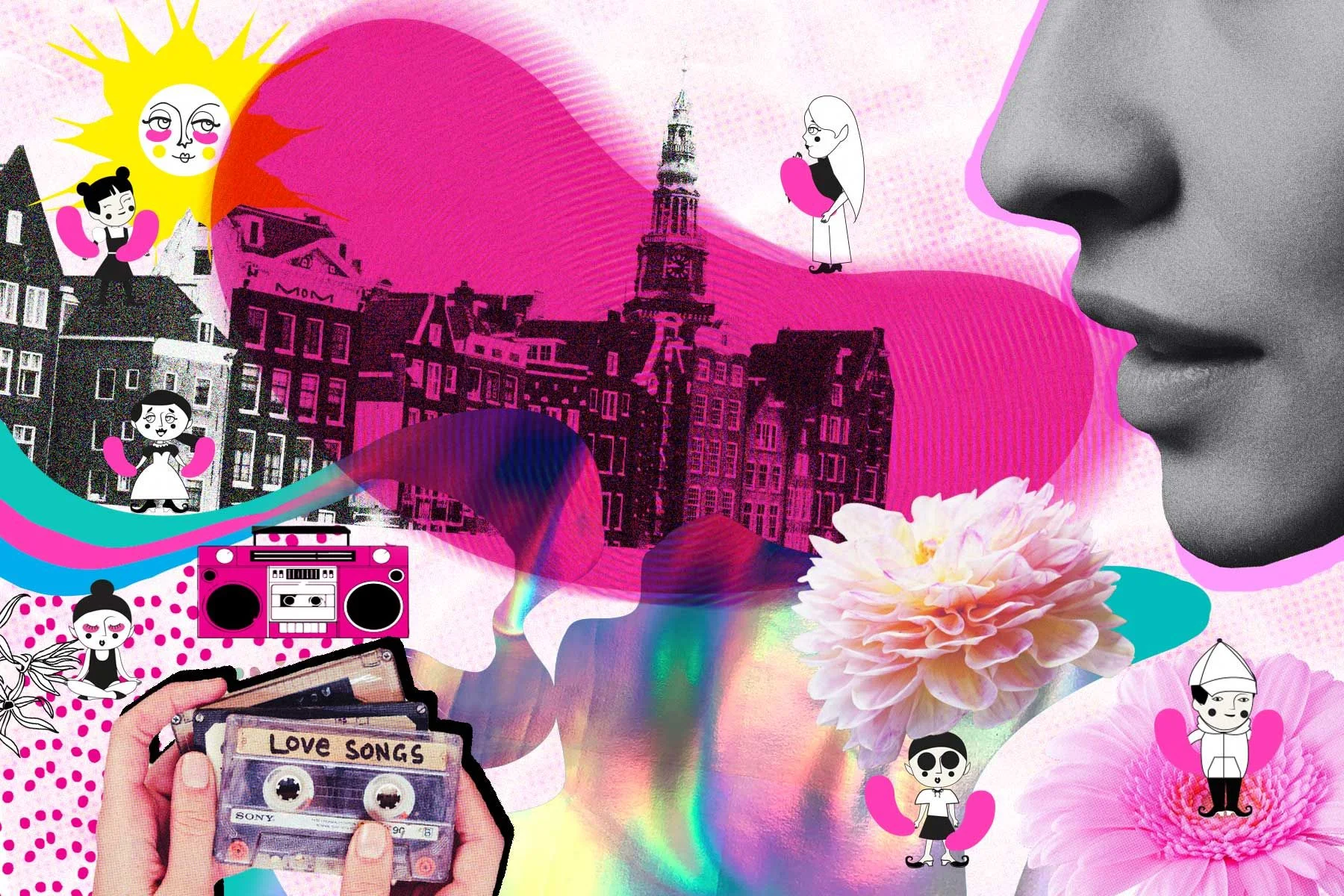 Epic Elves-collage met Amsterdam, bloemen en ondeugende elfen